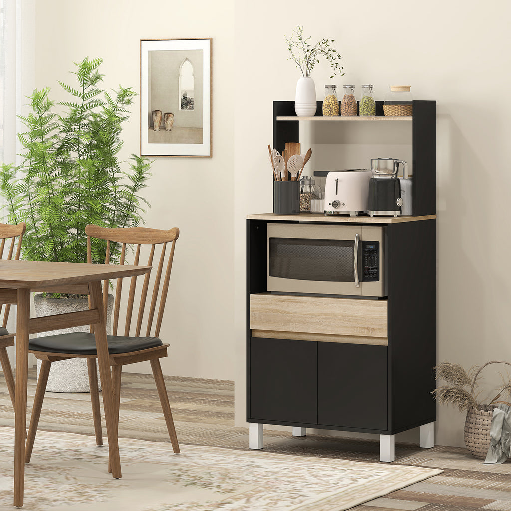 Meuble micro onde, buffet cuisine avec placard tiroir étagère supérieur, 60 x 40 x 131 cm chêne et noir-1