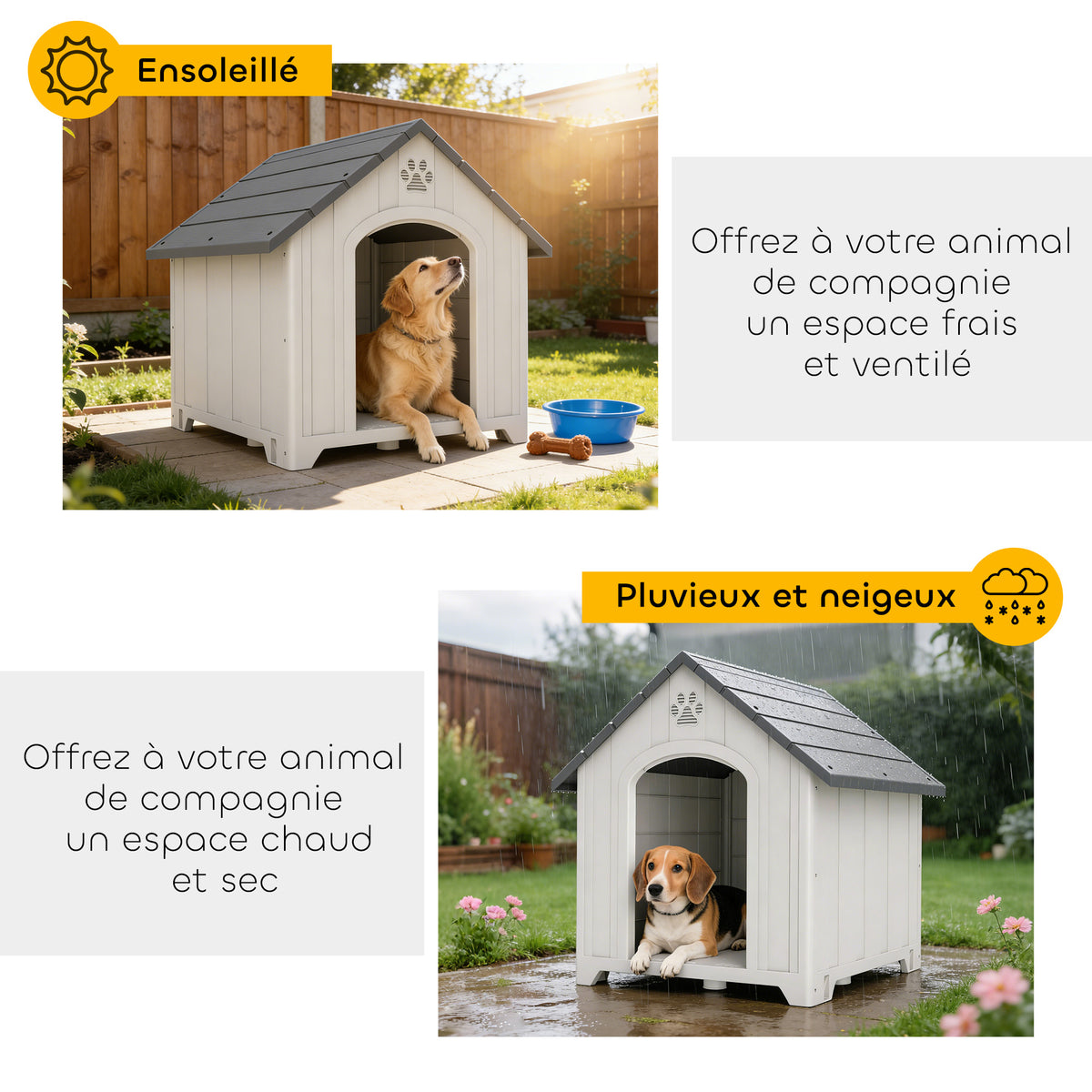 Niche pour chien extérieur, maison chien en polypropylène imperméable, ventilé, plancher surélevé, gris clair-5