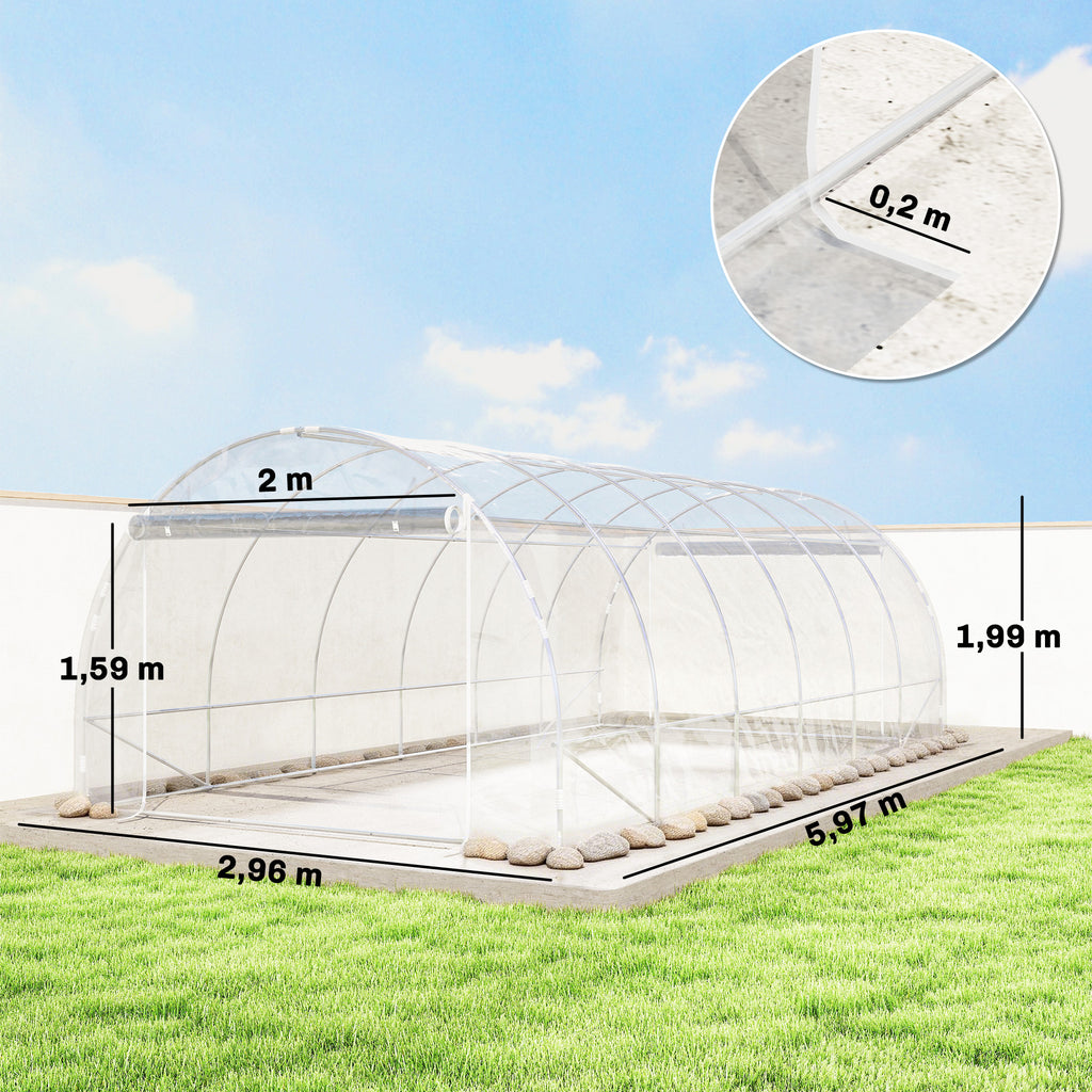 Serre tunnel de jardin 18m² serre de jardin tunnel 296x597x199cm cadre acier galvanisé, bâche PE 150g/m² transparent-2