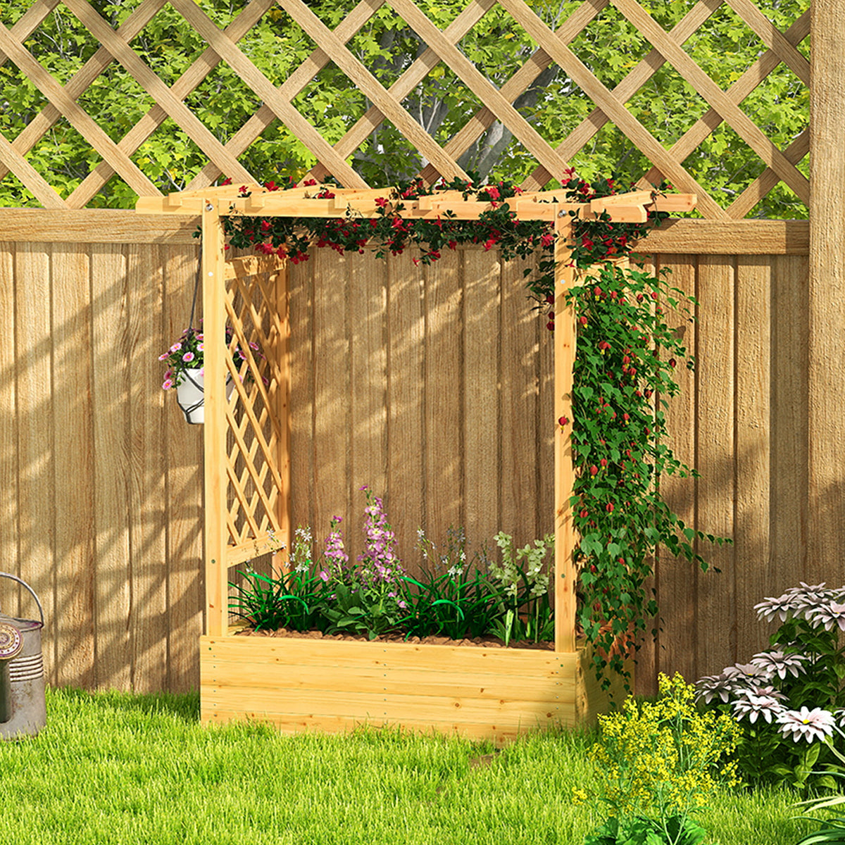 Jardinière surélevée avec treillis latéral et supérieur, bac à fleurs trous de drainage, 110x44x113cm, bois naturel-7