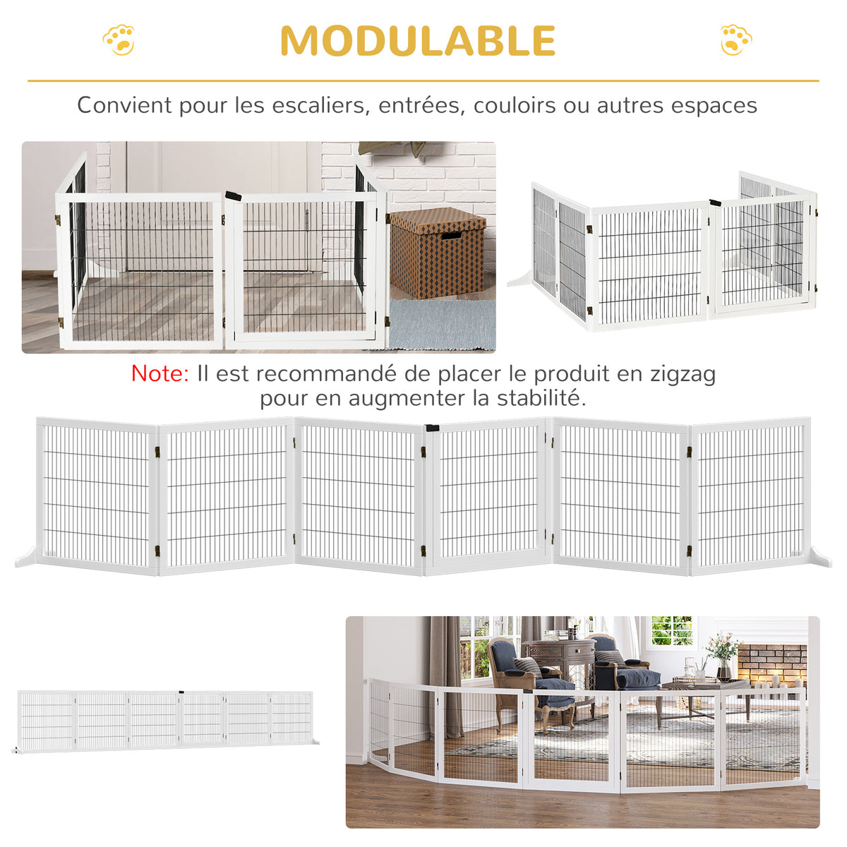 Barrière de sécurité pour chien barrière pliable à 6 panneaux avec pieds amovibles 432 x 36 x 70 cm blanc-4