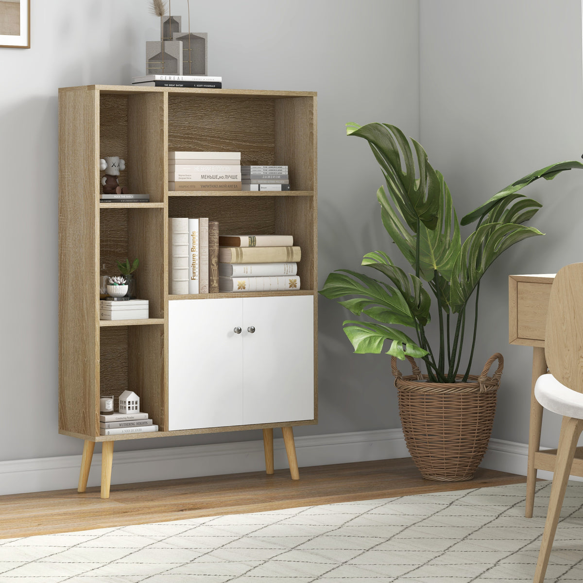 Bibliothèque scandinave meuble de rangement dim. 80L x 23,5l x 123H cm 5 niches placard 2 portes pieds effilés inclinés-1