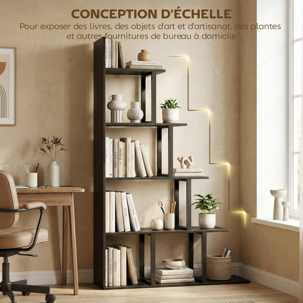 Étagère bibliothèque séparateur de pièce style industriel en escalier 5 étagères 102 x 30 x 160 cm coloris noir-3