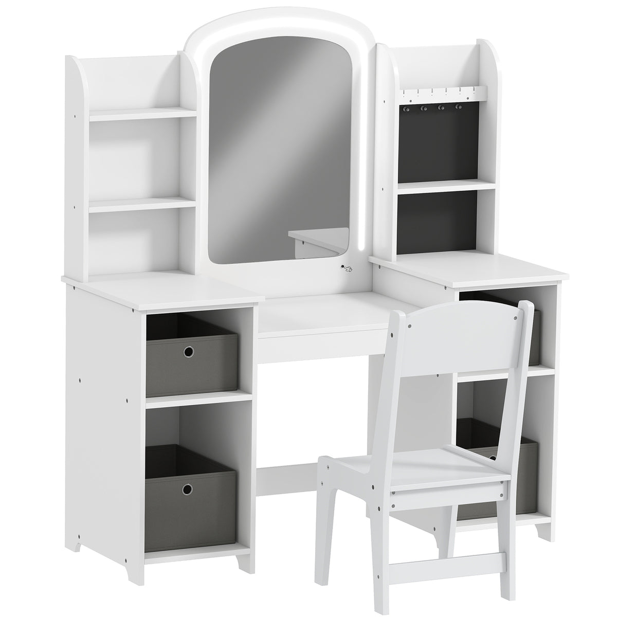 Coiffeuse pour enfants avec tabouret et miroir LED, table de maquillage pour 3 à 8 ans, 104 x 40 x 112 cm, blanc-0