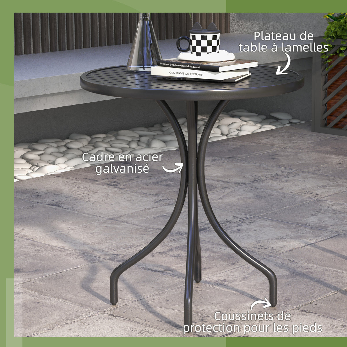 Table de Bistrot Ronde Ø 66 cm en Acier Galvanisé avec Plateau à Lattes pour Terrasse, Balcon, Noir-3