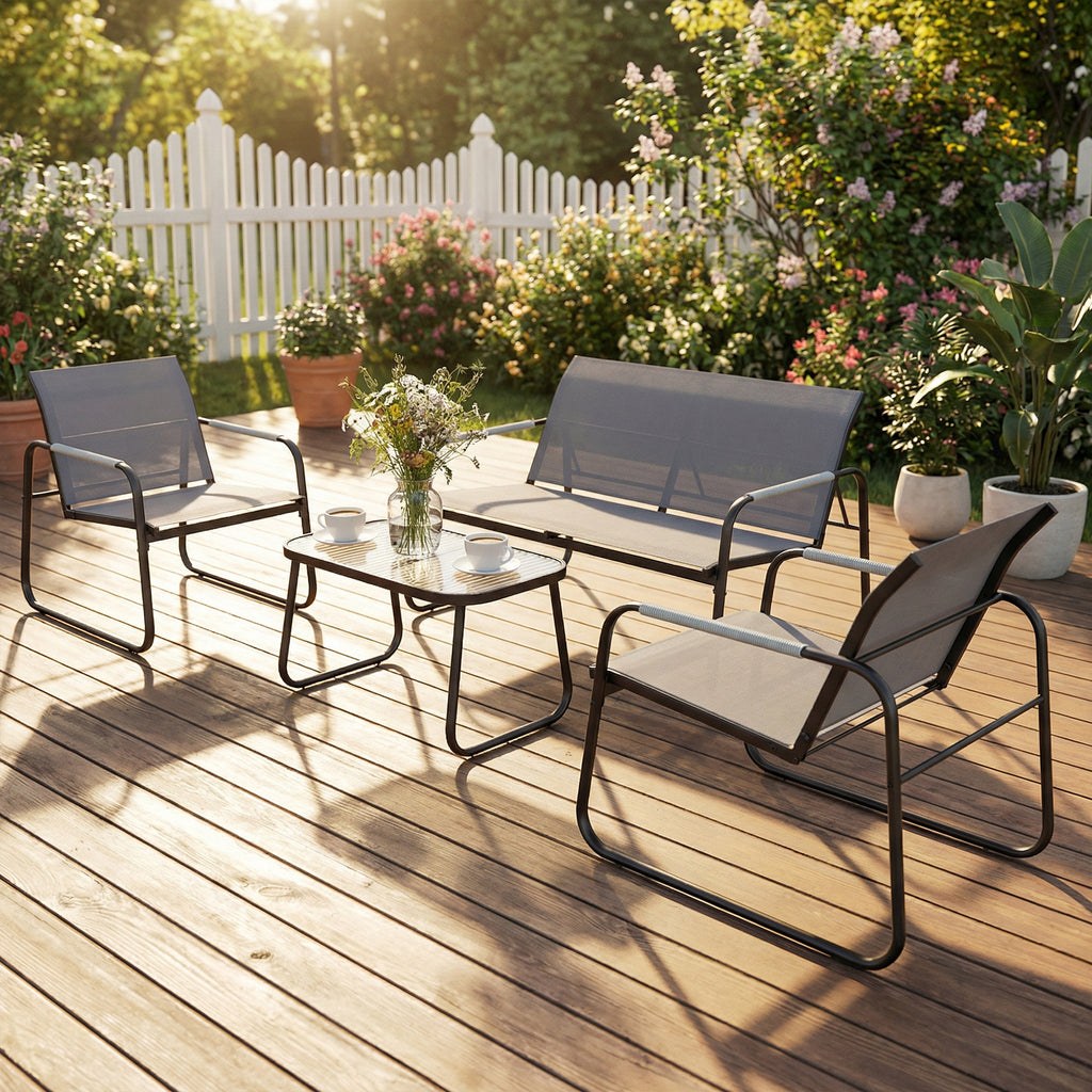 Salon de Jardin Ensemble de Terrasse en Acier et Textilène 4 Pièces avec Accoudoirs Corde Tressée Gris-9
