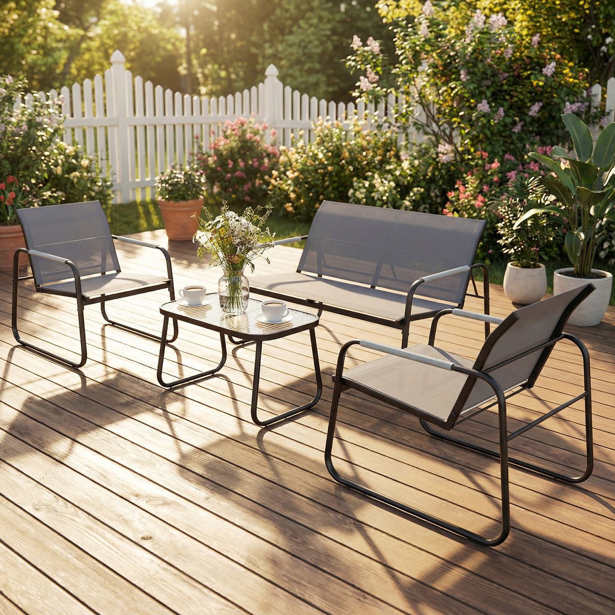 Salon de Jardin Ensemble de Terrasse en Acier et Textilène 4 Pièces avec Accoudoirs Corde Tressée Gris-9