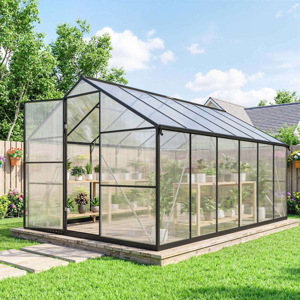 Serre de jardin en aluminium polycarbonate, serre avec fenêtres supérieures réglables 363x247x205cm noir-1