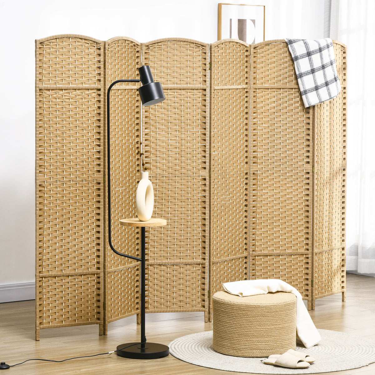 Paravent interieur en bois 6 panneaux 240 x 170 cm séparateur de pièce pliable pour salon, chambre à coucher, naturel-1