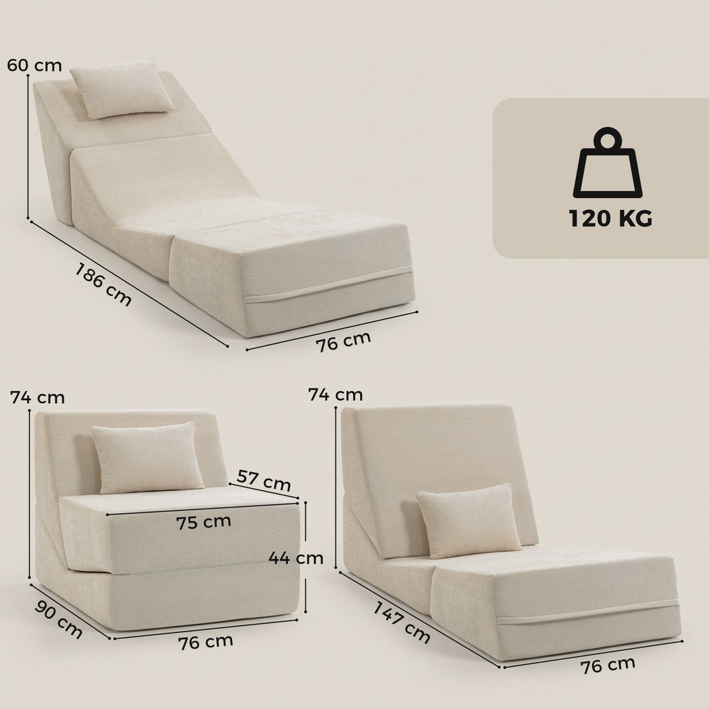 Canapé-Lit Pliant 3 en 1, Chauffeuse 1 Place Convertible en Chenille, Coussin et Dossier, Compressé Sans Montage, Beige-2