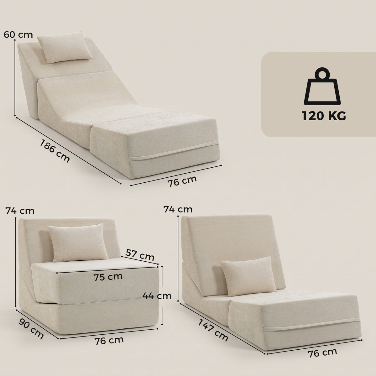 Canapé-Lit Pliant 3 en 1, Chauffeuse 1 Place Convertible en Chenille, Coussin et Dossier, Compressé Sans Montage, Beige-2