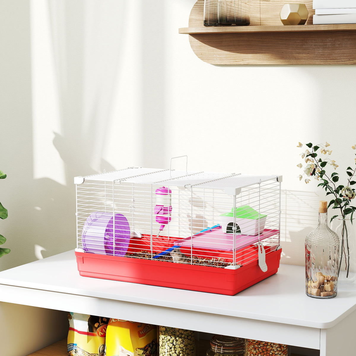 Cage hamster, cage rongeur à 2 niveaux, base amovible nettoyage facile, cabane, roue d'exercice, 47 x 30 x 27 cm, blanc-1