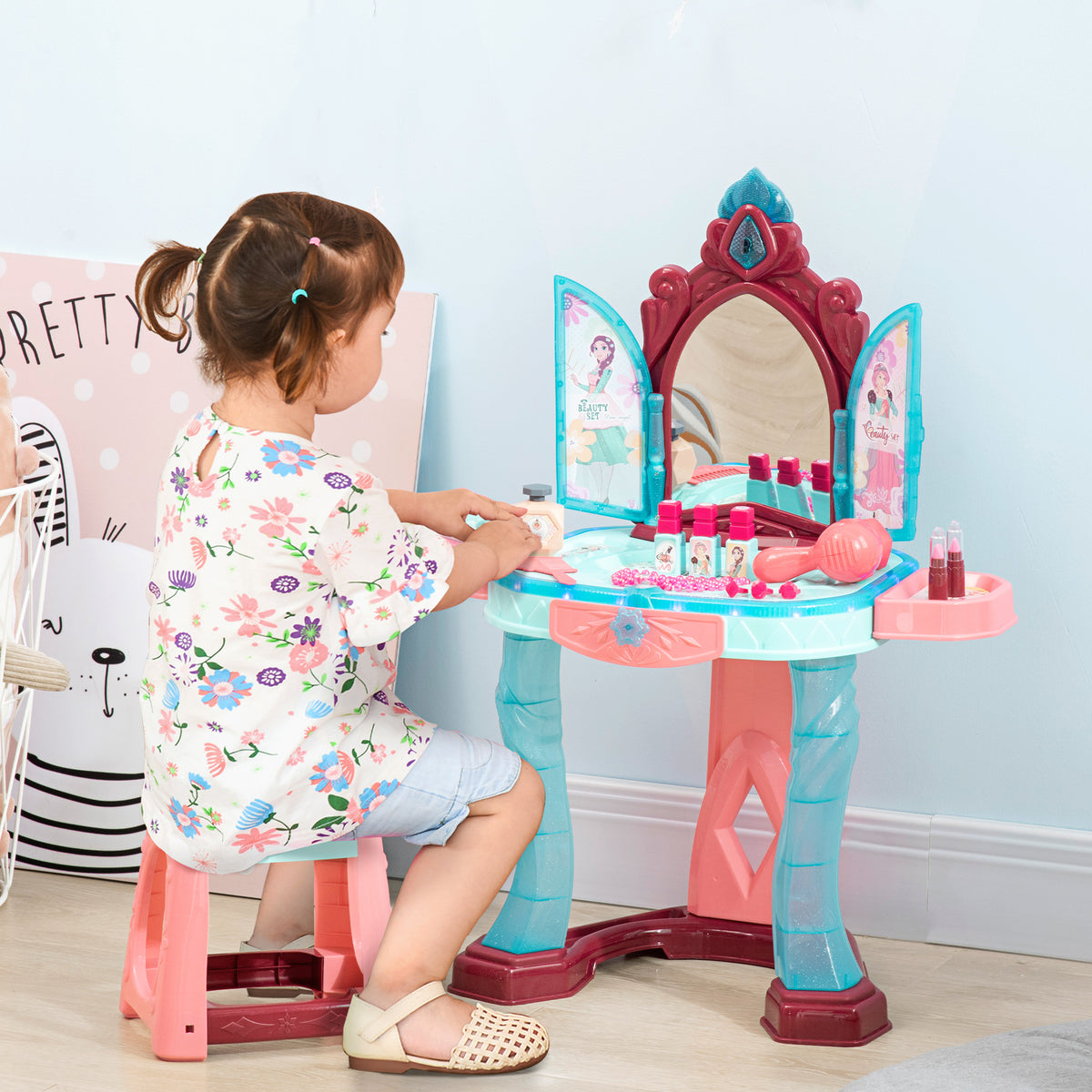 Coiffeuse Enfant Fille avec Miroir Magique, Musique, Plateaux, Tiroir et Accessoires, 3-6 Ans, 57x34x76cm, Multicolore-1