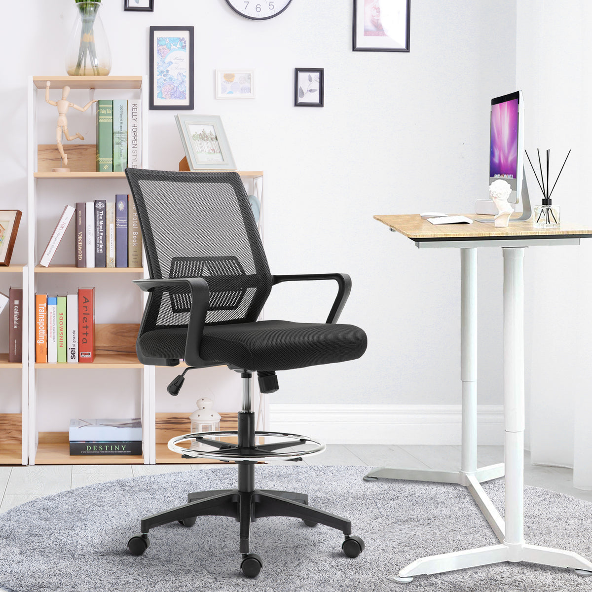 Fauteuil de bureau chaise de bureau assise haute réglable dim. 64L x 59l x 104-124H cm maille respirante noir-1