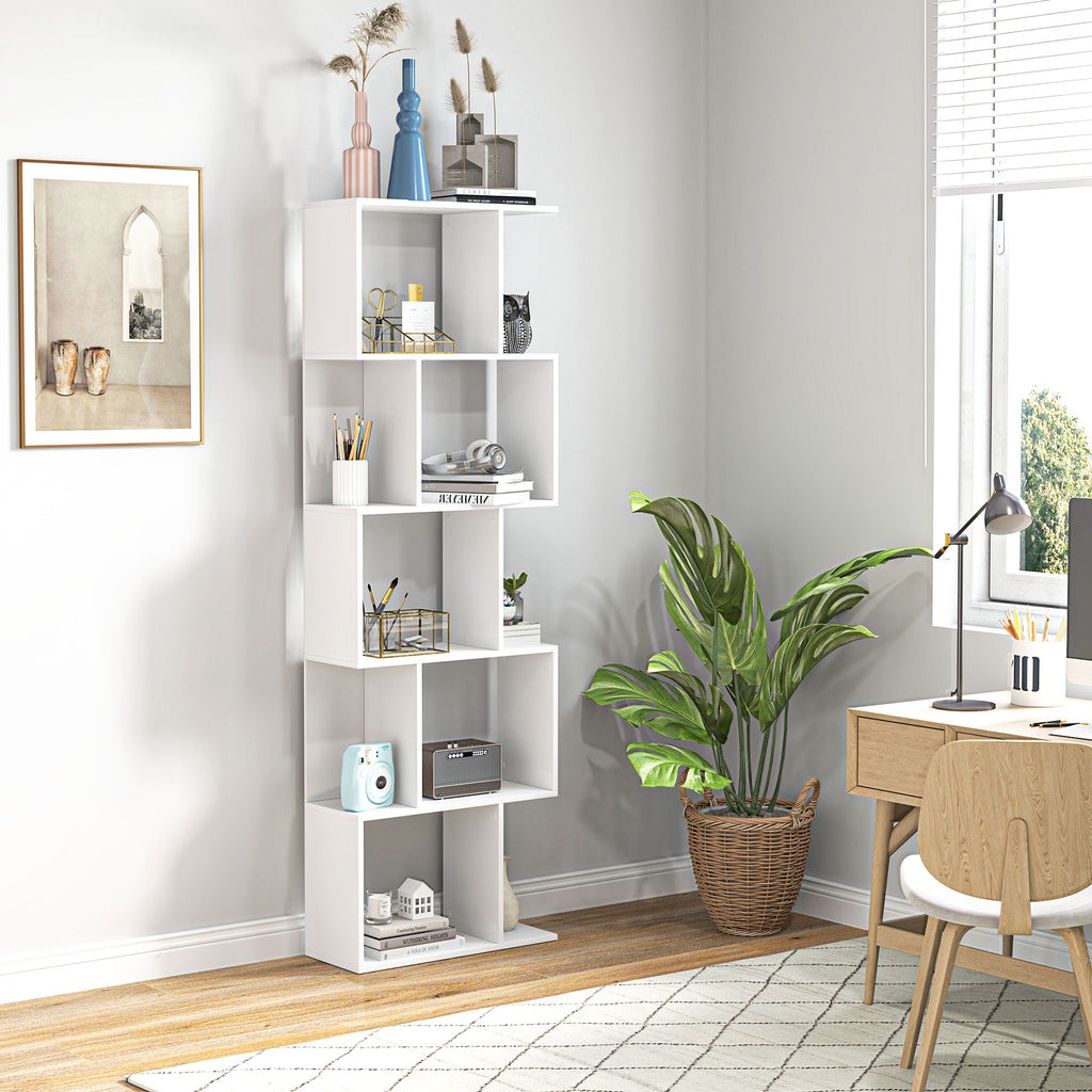 Bibliothèque à 5 niveaux, meuble de rangement en forme de S avec étagères, 60 x 24 x 184,5 cm, blanc-9