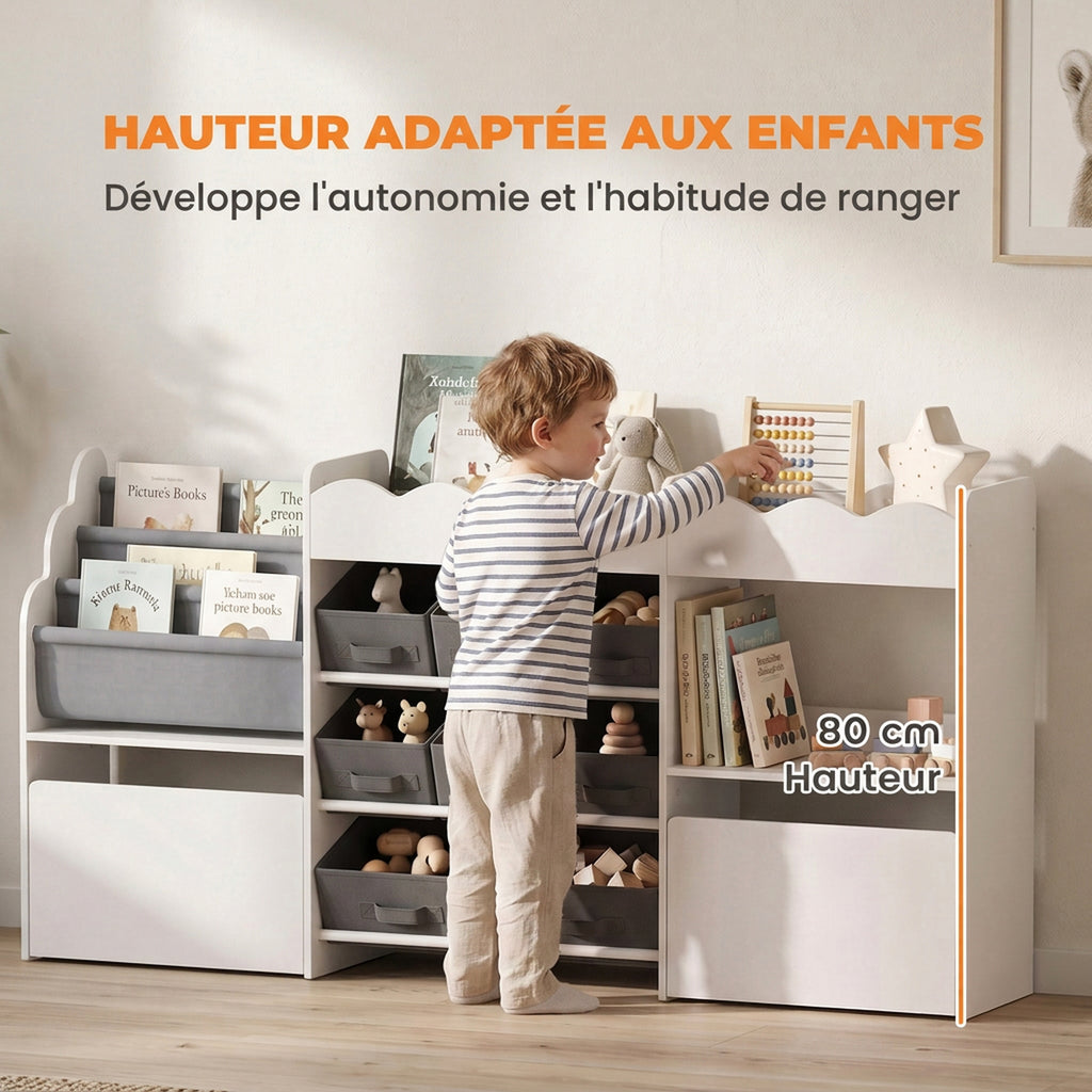 Meuble de rangement jouets enfant avec bibliothèque, 8 bacs en tissu, 2 tiroirs à roulettes et étagères ouvertes, blanc-4