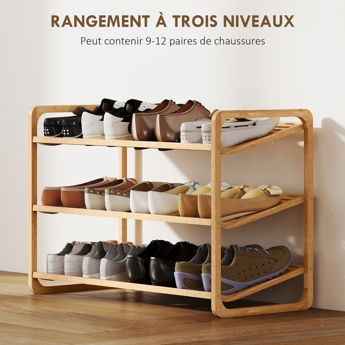 Étagère à chaussures en bambou à 3 niveaux, porte-chaussures capacité 12 paires, 76x33x50,8cm, bois naturel-4