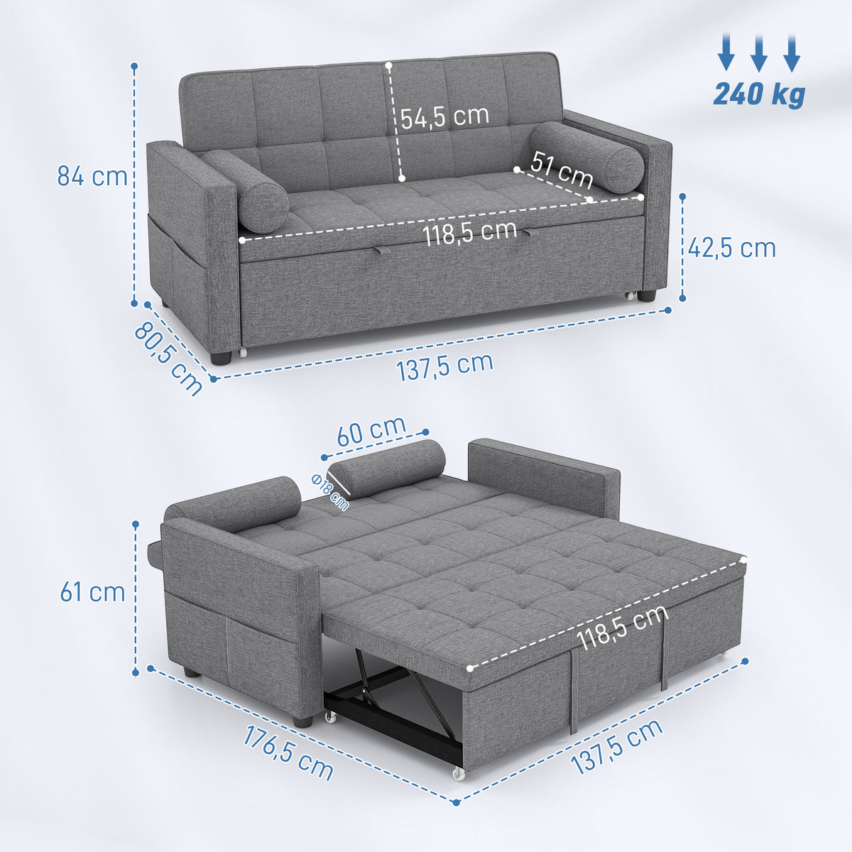 Canapé convertible 2 places 3 en 1 canapé-lit avec lit gigogne double dossier réglable 2 coussins 80,5x137,5x84cm gris-2