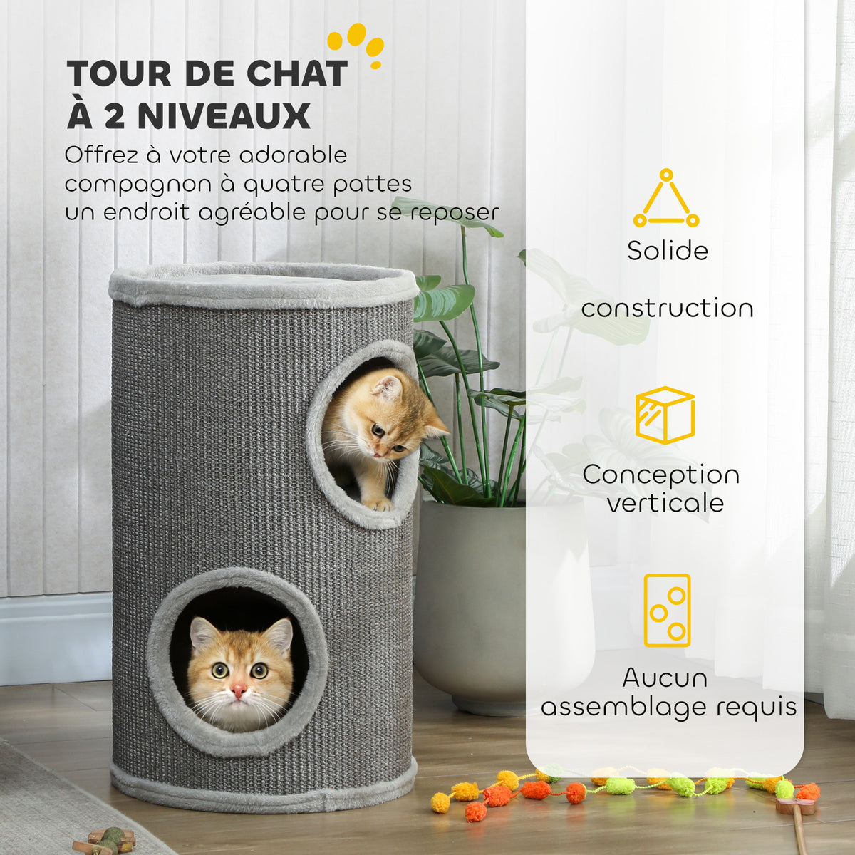 Tonneau à Gratter pour Chat, Tour à Griffer, Arbre à Chat à 2 Couches en Sisal Naturel, Ø35x60cm, Gris Clair-3