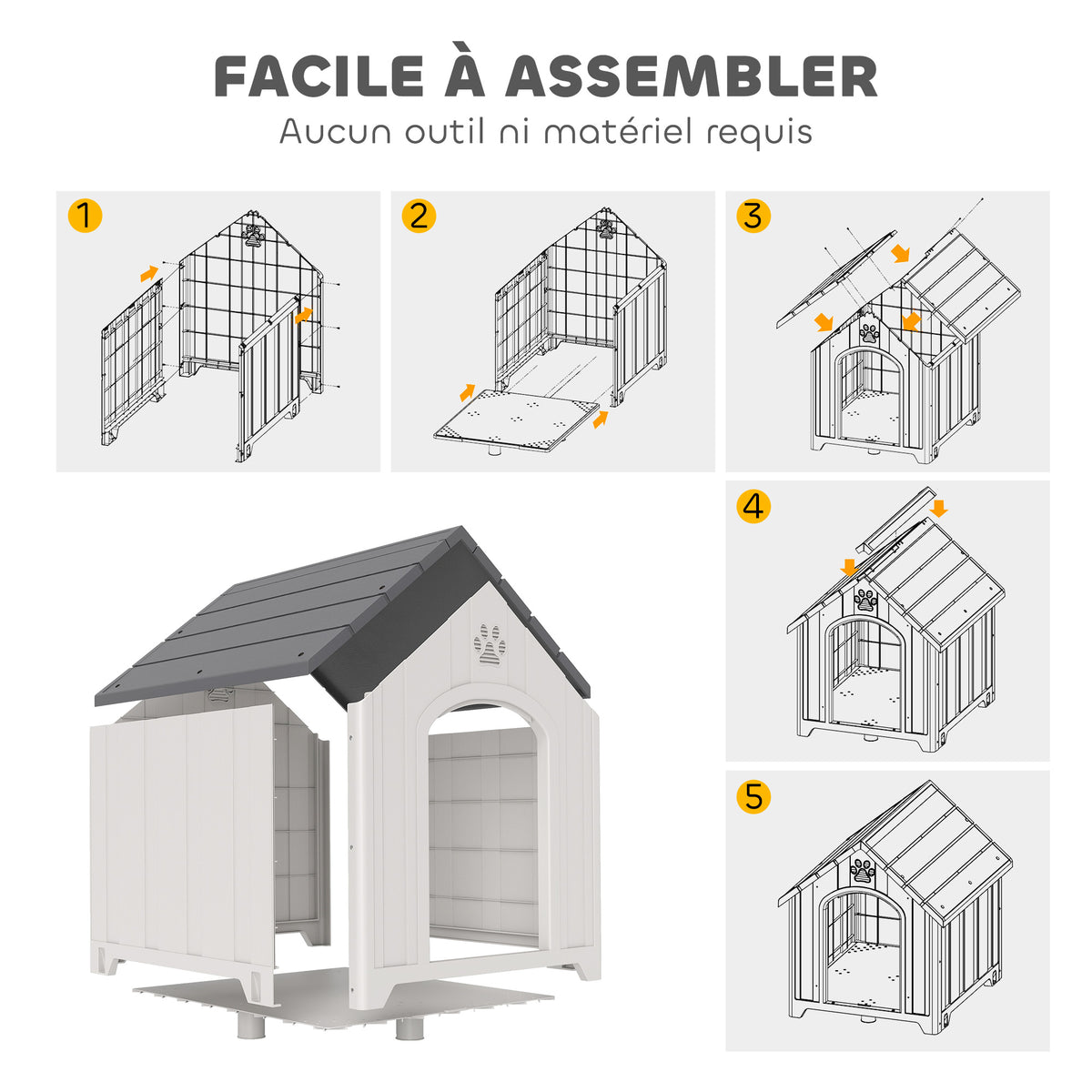 Niche pour chien extérieur, maison chien en polypropylène imperméable, ventilé, plancher surélevé, gris clair-6