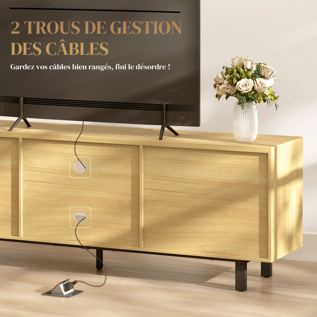 Meuble TV, meuble télé jusqu'à 65 pouces, 2 portes à ouverture par pression et 2 étagères, 160x35x55,5cm, bois naturel-4