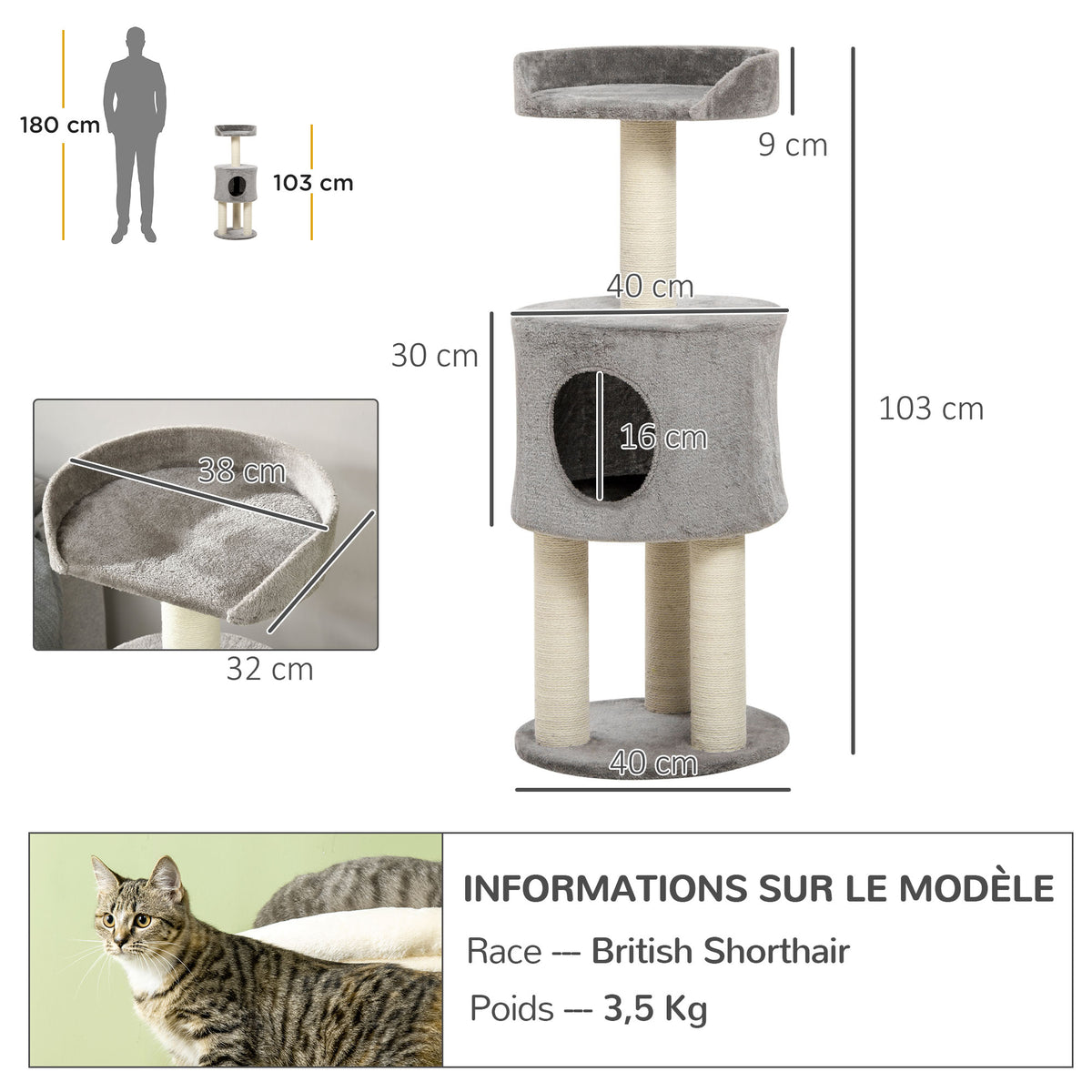 Arbre à chat griffoirs grattoirs sisal naturel arbre à grimper niche plate-forme en peluche hauteur 103 cm gris-2