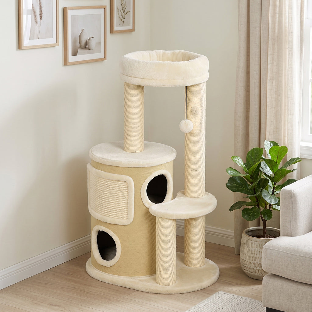Arbre à Chat Multi-Niveaux avec Tonneau, Double Niche, Lit, Plateforme, Poteaux à Griffer en Sisal, 55x39x90cm, Beige-1