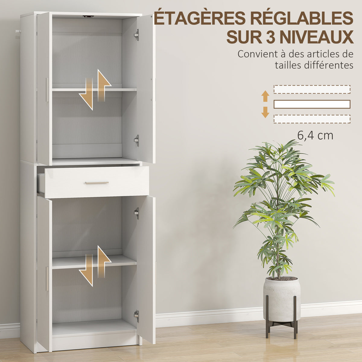 Armoire de cuisine moderne avec placards à portes, étagères réglables et tiroir, 60 x 35 x 180 cm, blanc-4