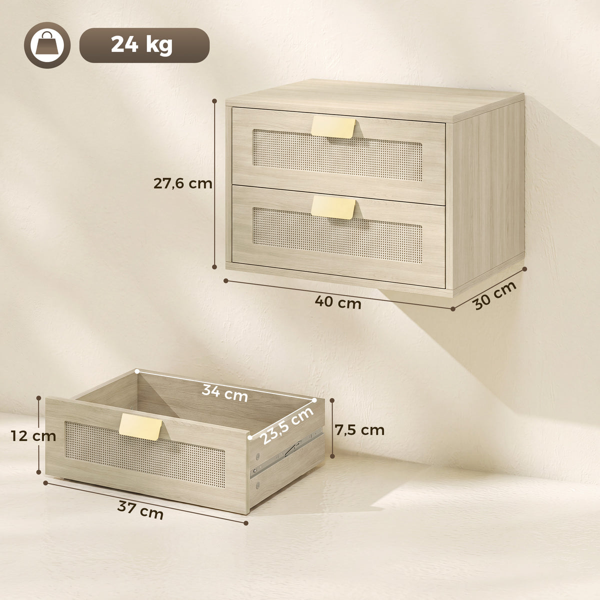 Lot de 2 Tables de Chevet Murales, Tables de Nuit Suspendues avec 2 Tiroirs et Plateau à Effet Rotin, Chêne-2