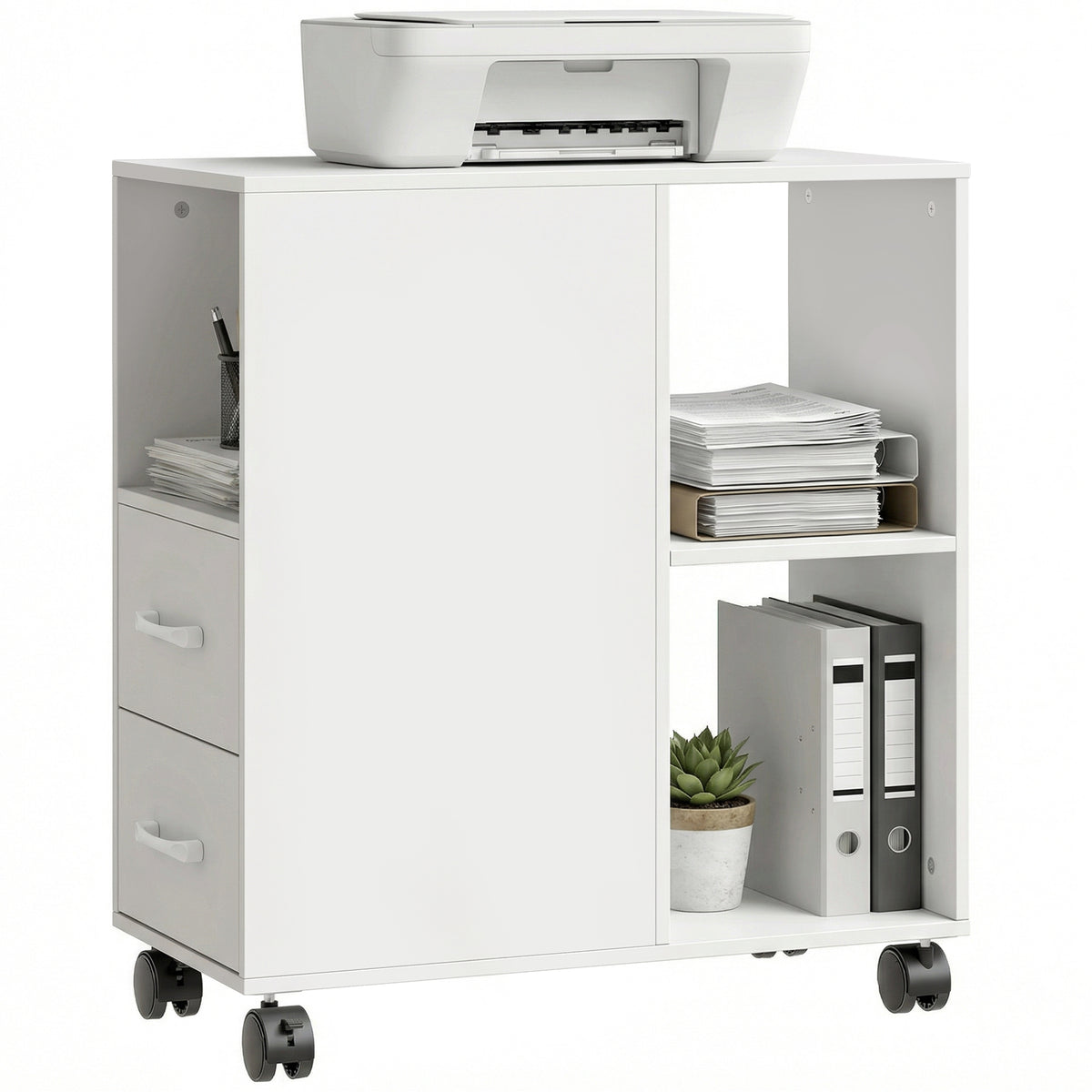 Support d'imprimante, meuble de rangement sur roulettes avec tiroirs, étagère réglable et compartiment ouvert, blanc-7