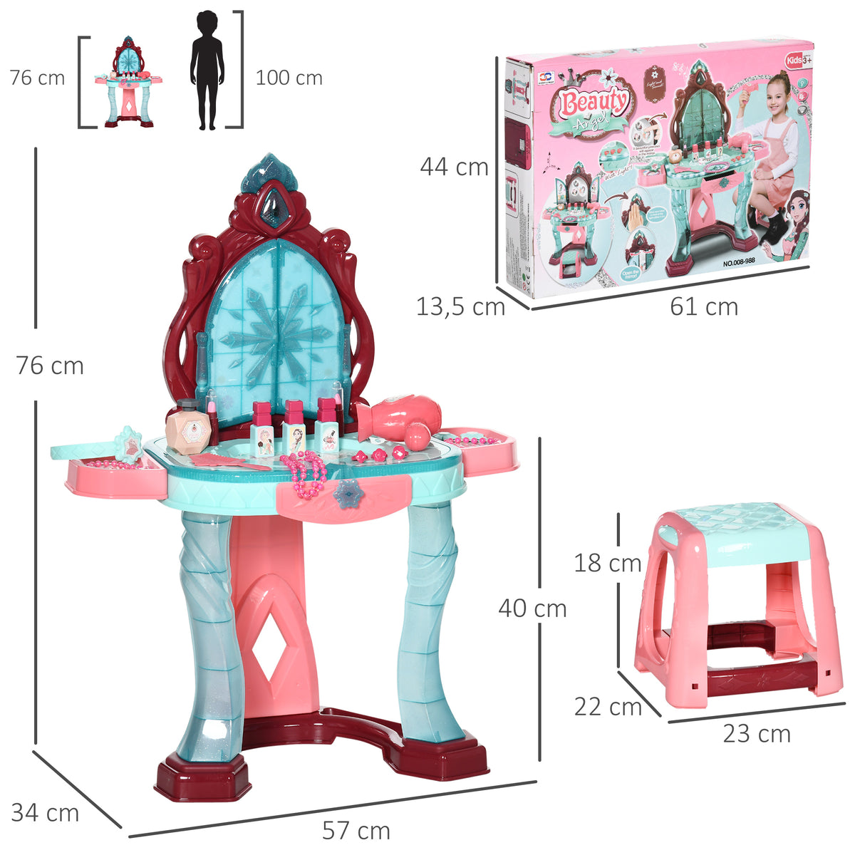 Coiffeuse Enfant Fille avec Miroir Magique, Musique, Plateaux, Tiroir et Accessoires, 3-6 Ans, 57x34x76cm, Multicolore-2
