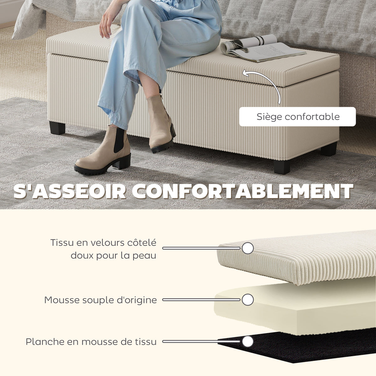 Banc de rangement bout de lit en velours côtelé avec couvercle, pour salon, chambre, entrée, 112 x 42 x 40 cm, beige-4