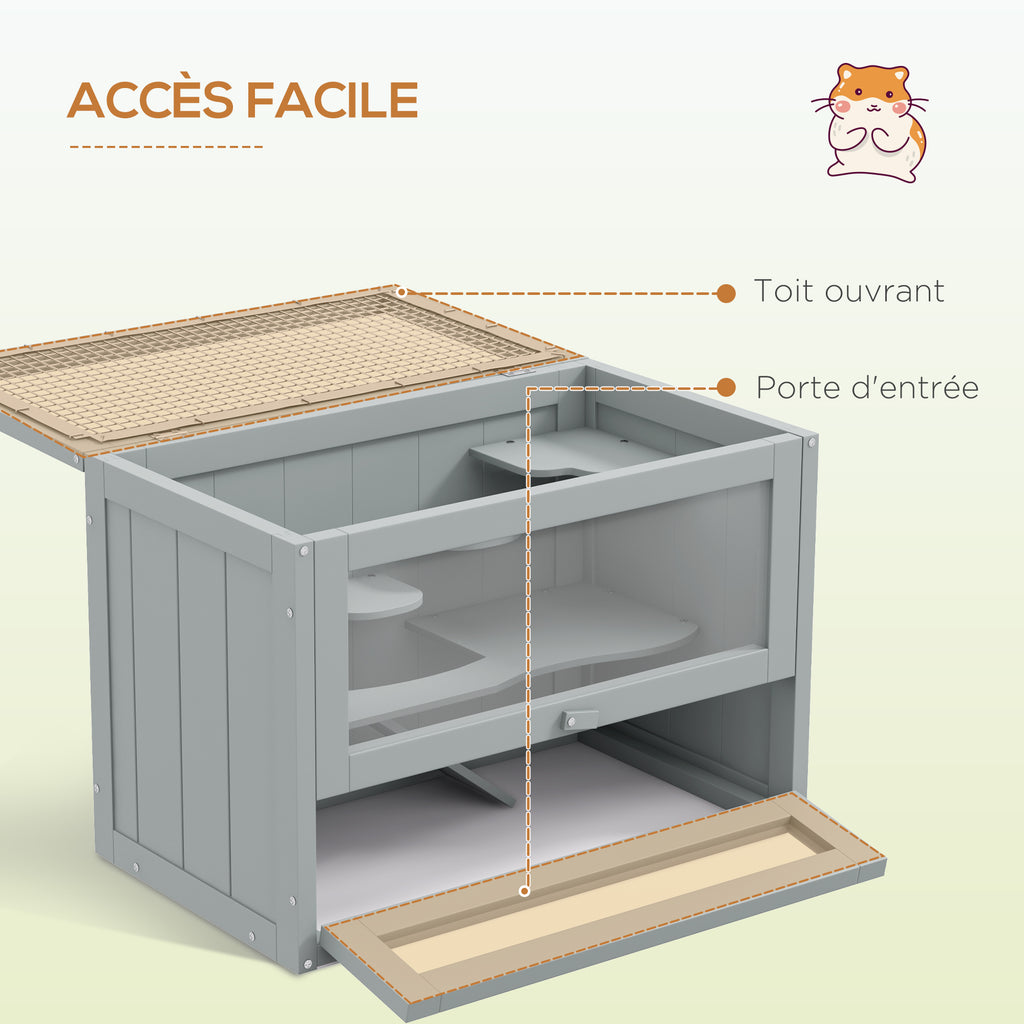 Cage pour hamsters souris petits rongeurs multi-équipements rampe plateformes toit ouvrant grillagé 60 x 35 x 42 cm gris-4