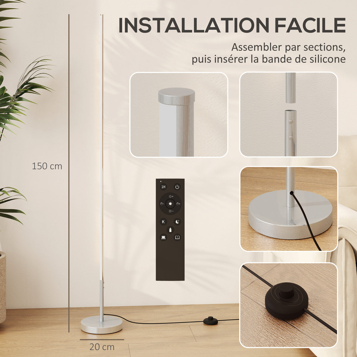 Lampadaire LED, lampadaire sur pied salon à intensité variable, télécommande, interrupteur à pied, Ø20x150cm, argent-6