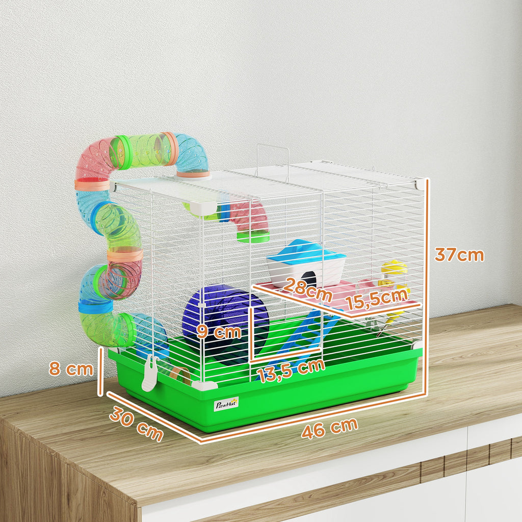 Cage à hamster rongeur 2 niveaux avec tunnel, biberon eau, roue, maisonnette, échelles 46 x 30 x 37 cm vert-2