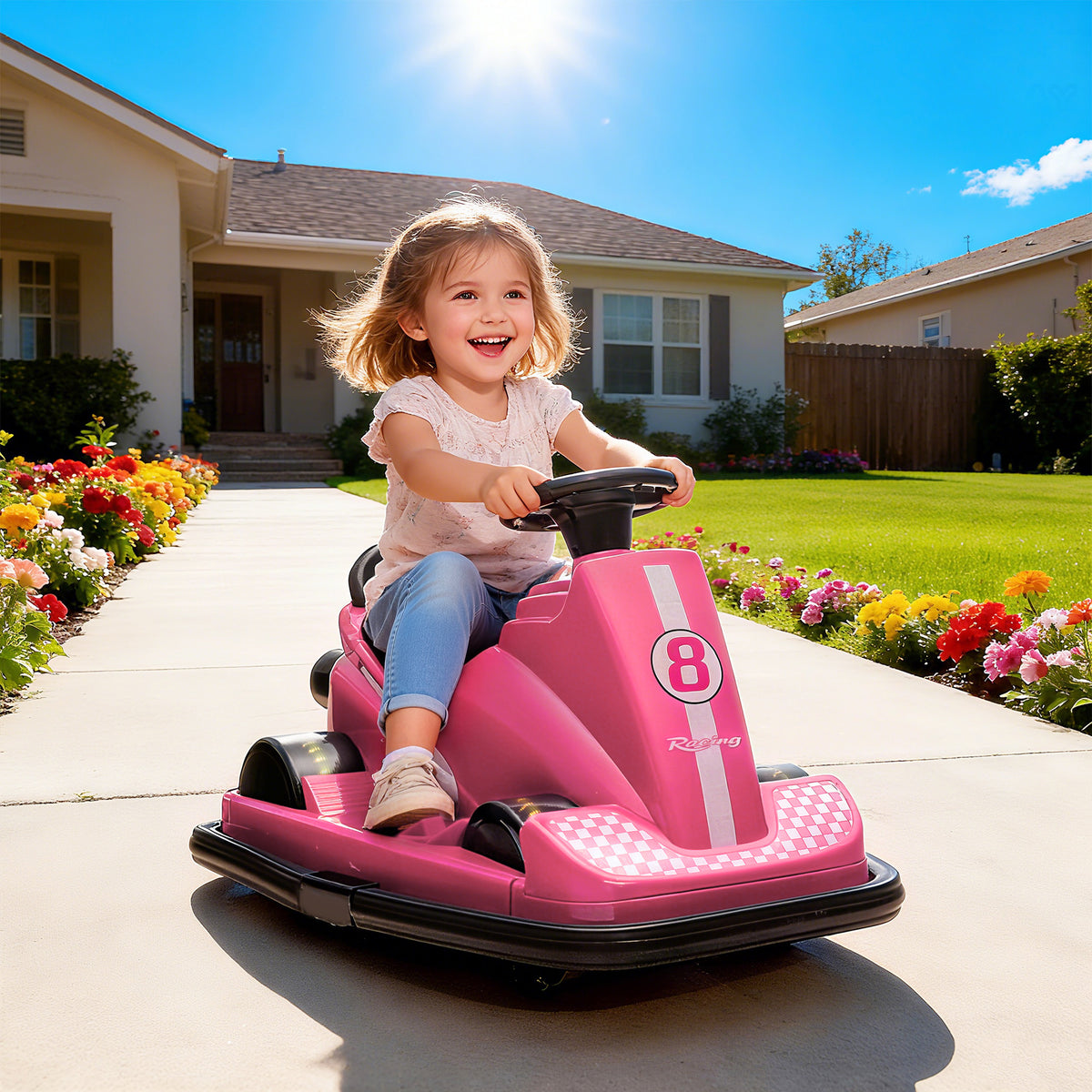 Auto-Tamponneuse Enfant 6V, Rotation à 360°, Musique, Klaxon, Démarrage Doux, 2,5 km/h, pour Âges 3-8, 74x53x48cm, Rose-9