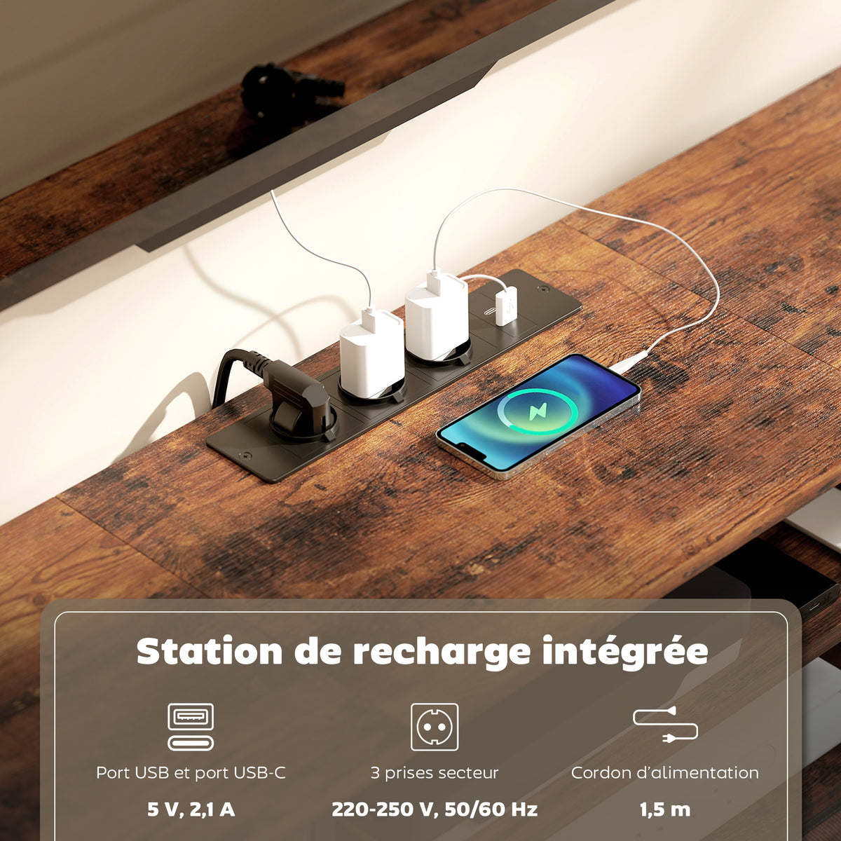 Meuble TV 140 cm, meuble télé 65 pouces, station de charge, 5 tiroirs en tissu, étagères ouvertes, 140x30x50cm, marron-3
