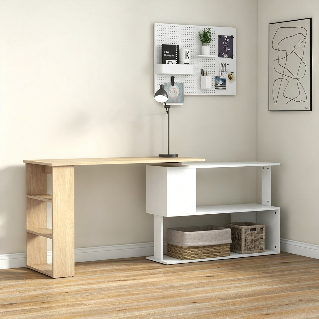 Bureau d'angle bureau informatique modulable bibliothèque intégrée + étagère 3 niveaux blanc et bois naturel-1