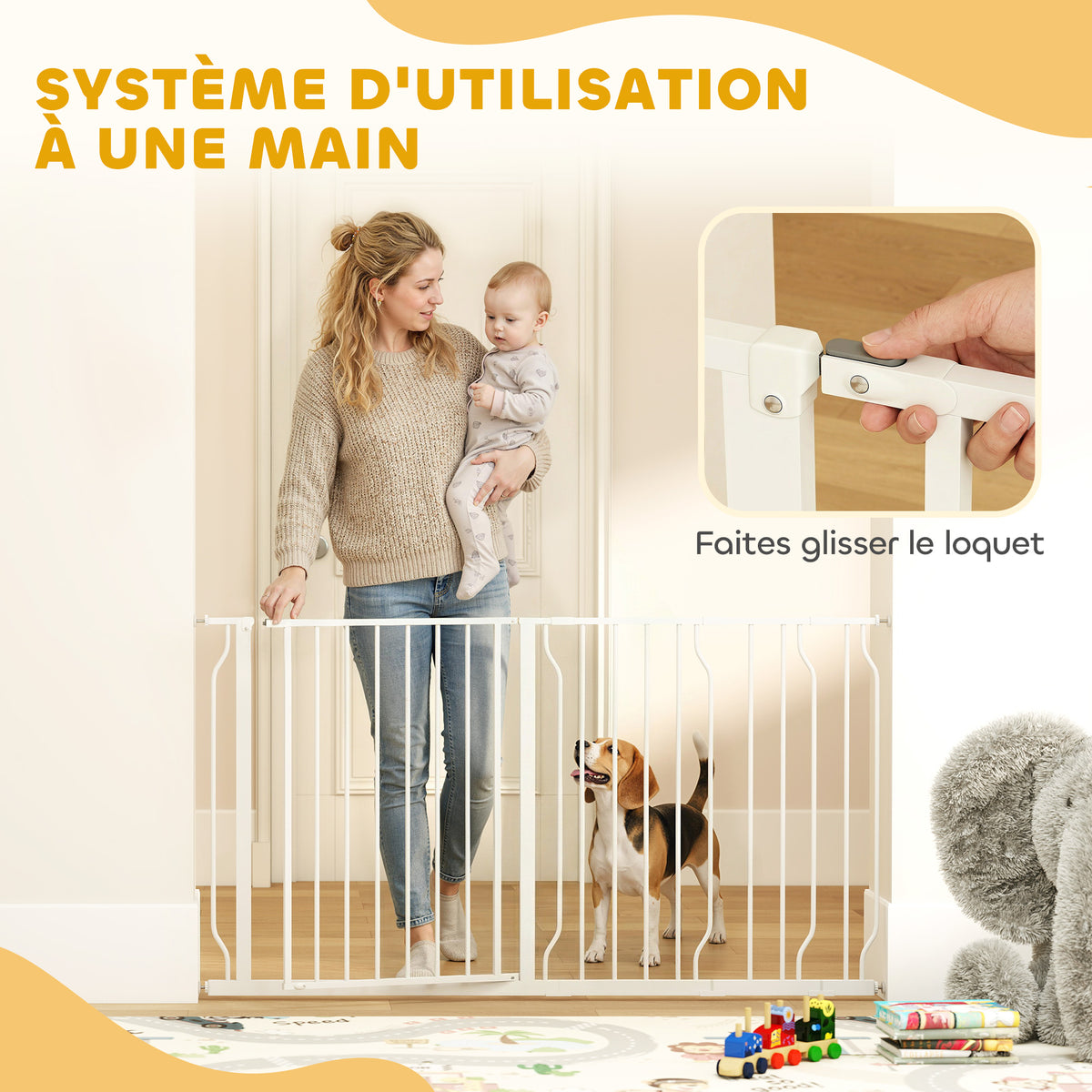 Barrière de sécurité chien barrière extensible 75-145 x 76 cm barrière escaliers couloirs portes sans perçage en acier et ABS blanc-4