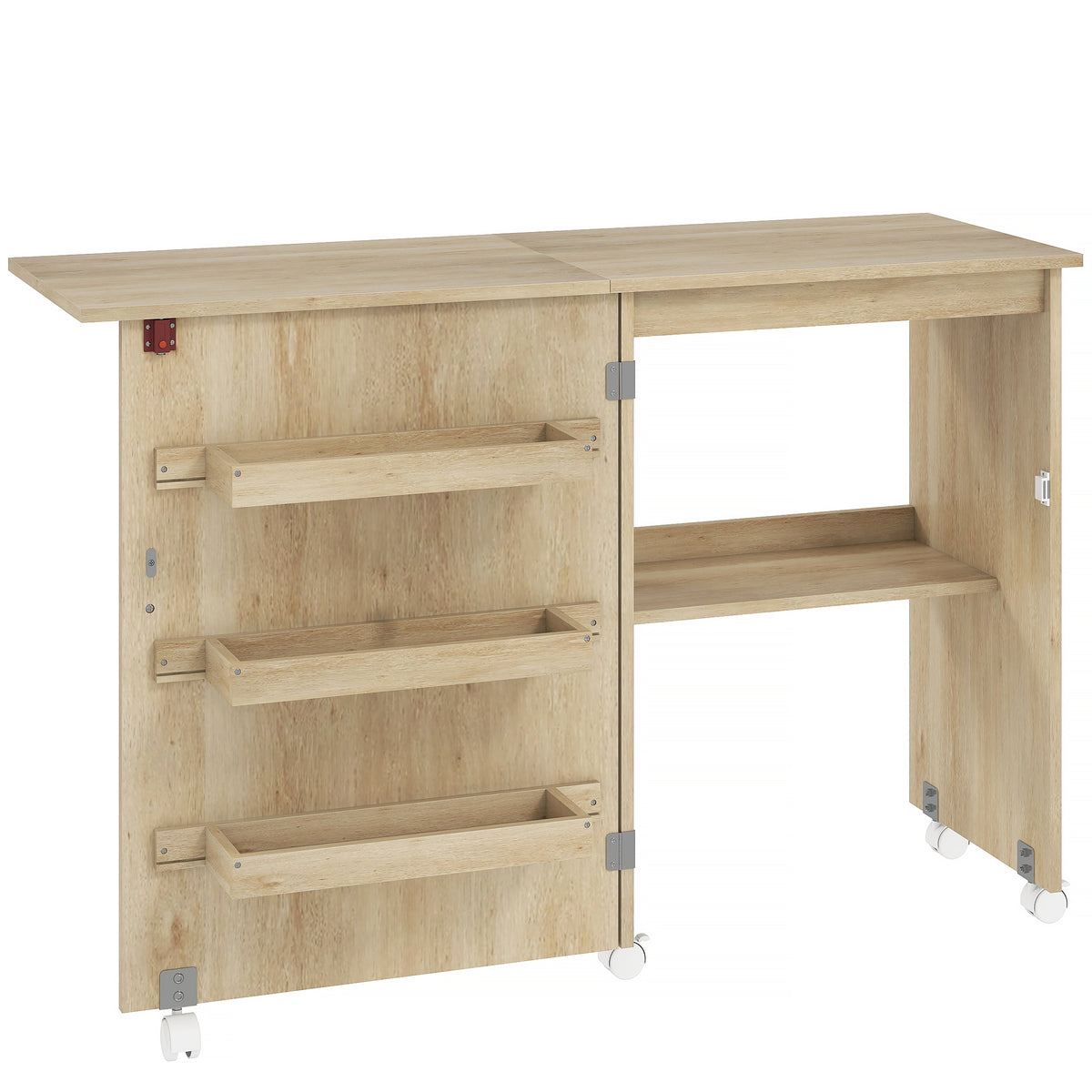 Table de couture pliante meuble couture à abattant avec bacs de rangement, étagère ouverte et roulettes, bois naturel-0