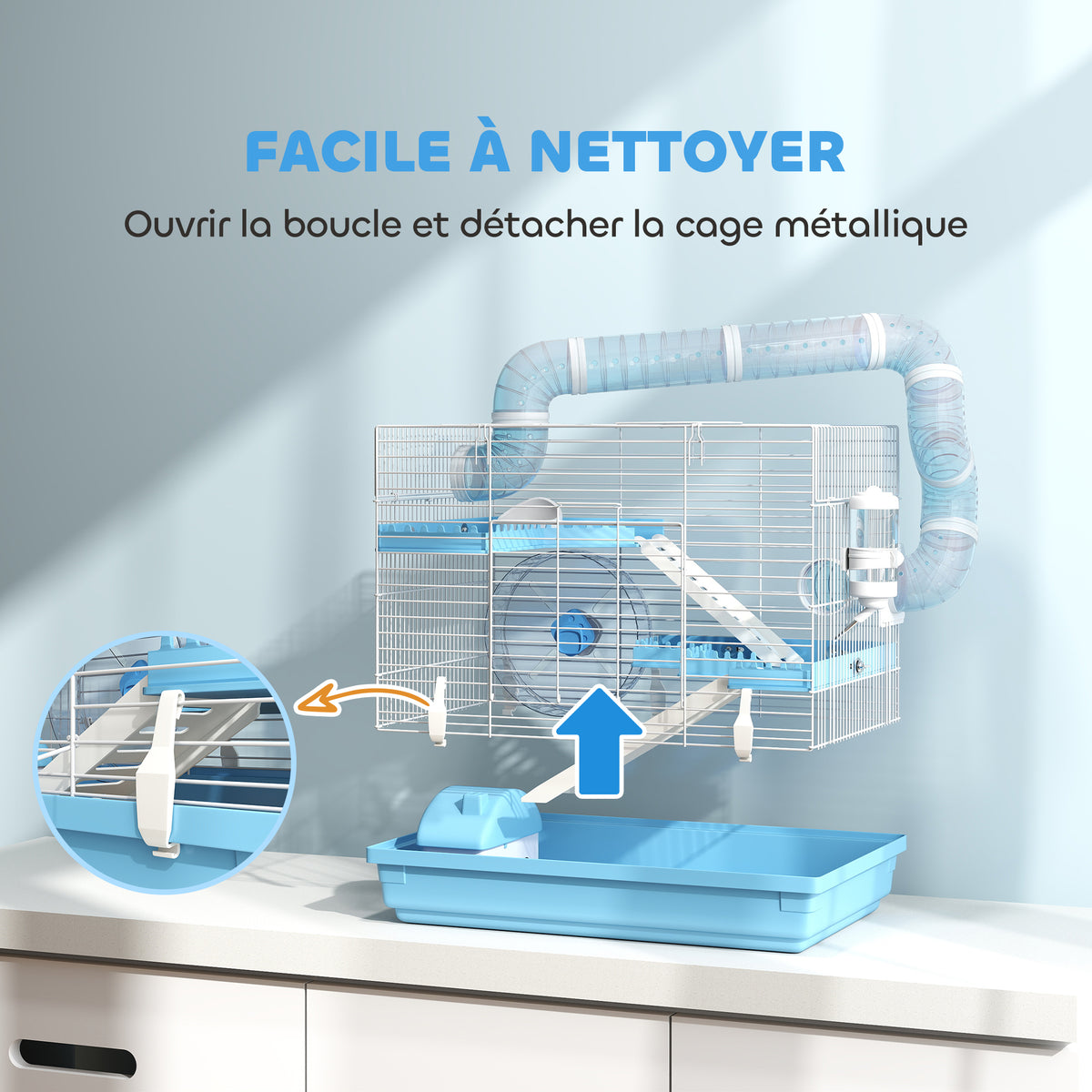 Cage pour hamster portable avec cabane, roue de course, gamelle, bouteille d'eau, 47,5 x 31,5 x 29,5 cm, bleu clair-7