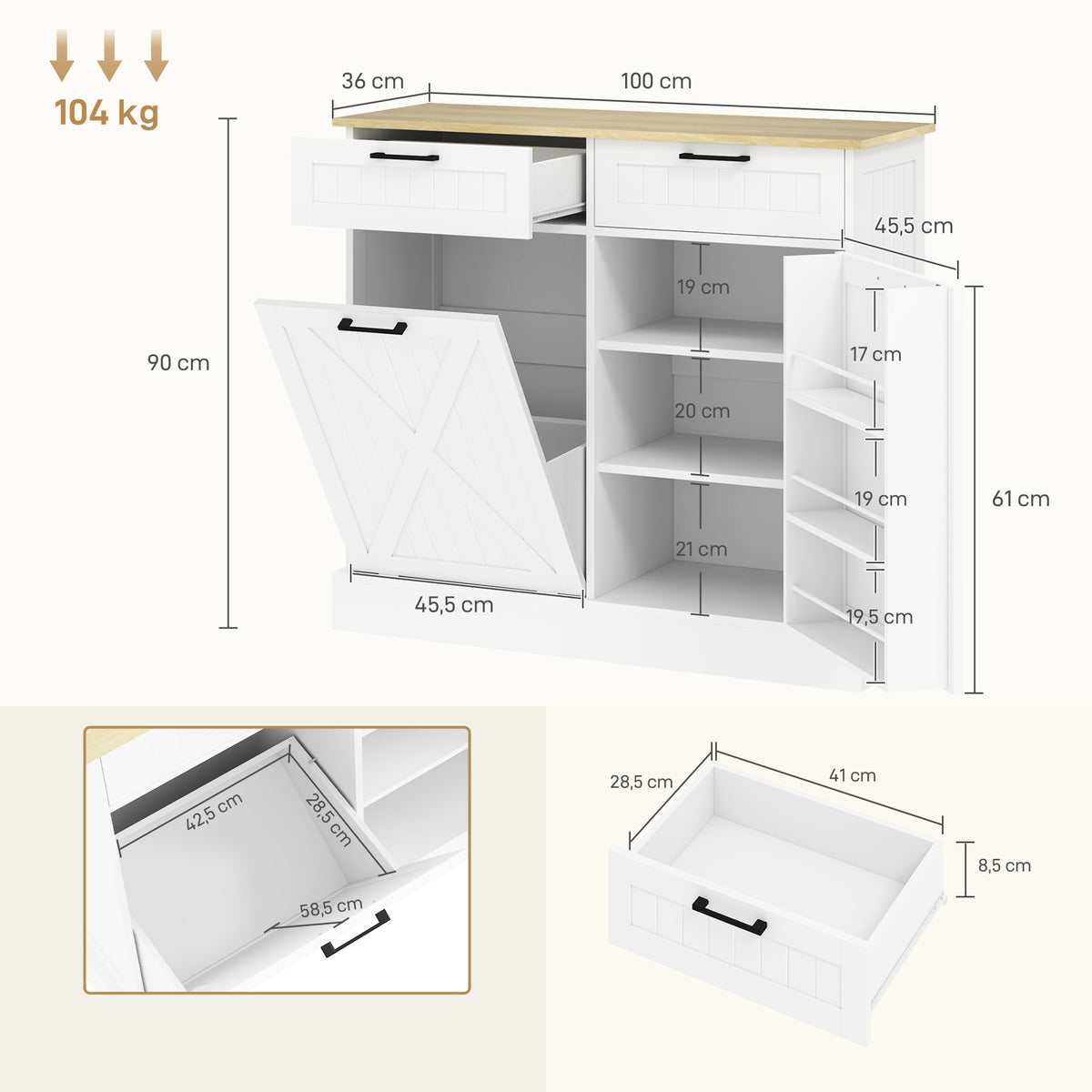 Buffet cuisine avec meuble poubelle 38L, meuble cuisine rangement, 2 tiroirs, étagère à épices et plan de travail, blanc-2