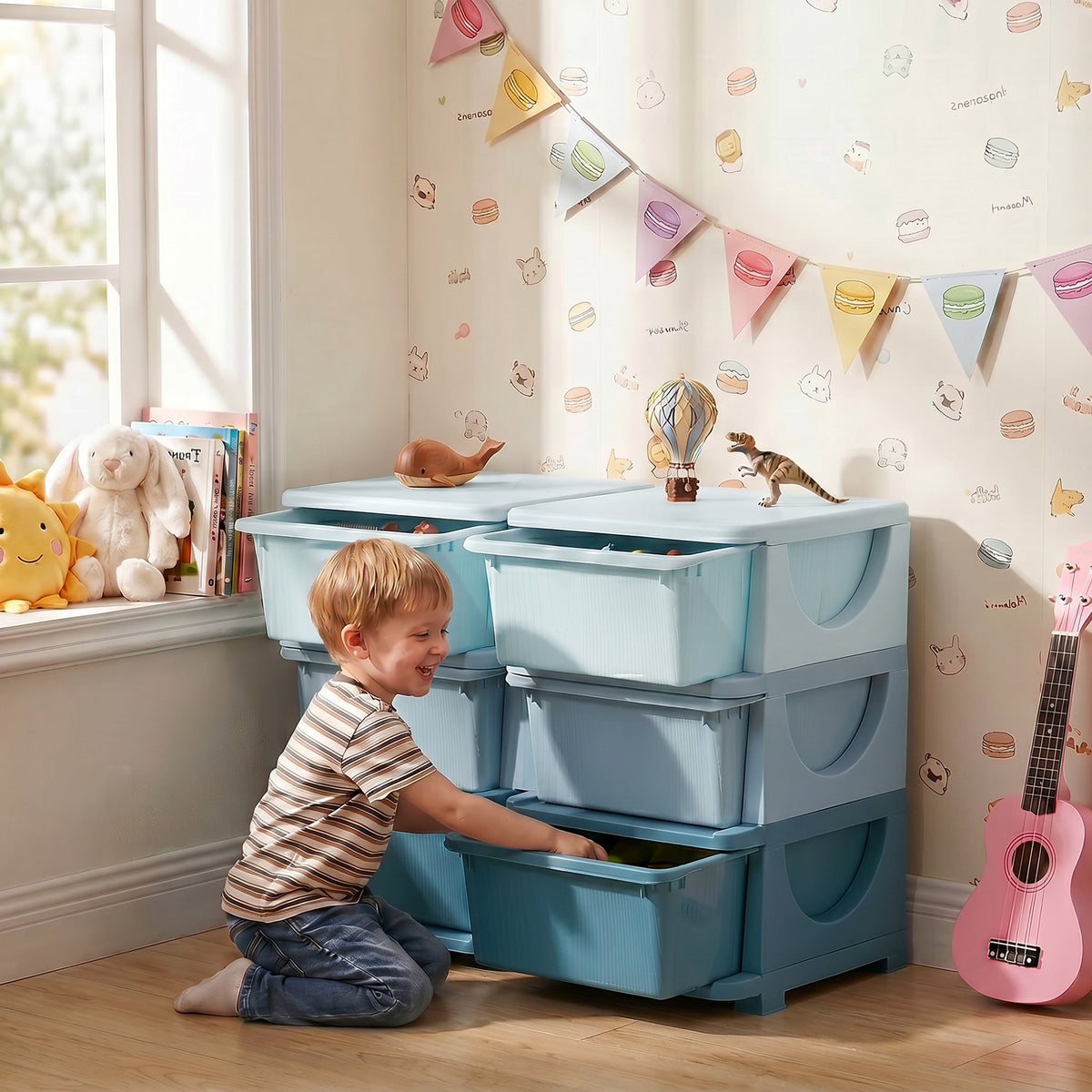 Organisateur de jouets pour enfants à 3 niveaux avec 6 tiroirs, boîtes de rangement en plastique, 75x37x56,5cm, bleu-1
