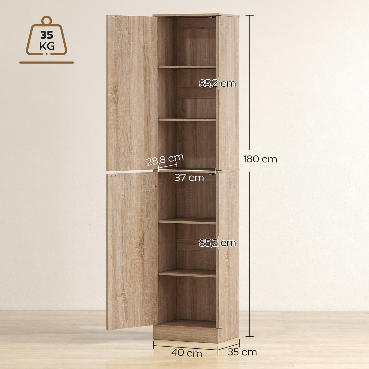 Meuble de salle de bain colonne avec 2 portes et 4 étagères réglables, 40 x 35 x 180 cm, bois naturel-2
