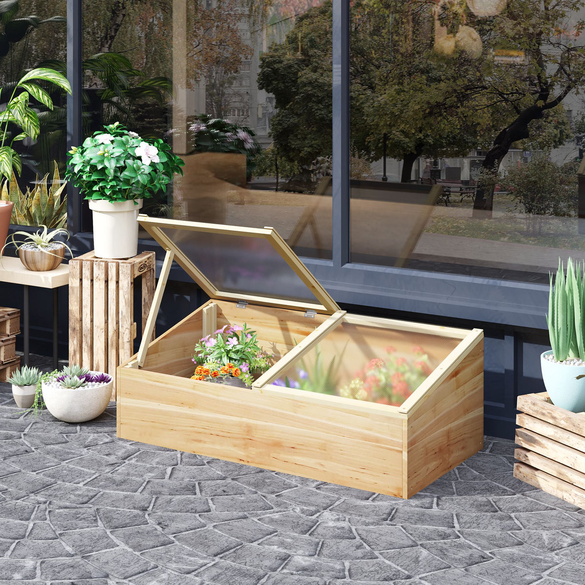 Mini Serre de Jardin Serre pour semis dim. 100L x 50l x 36H cm Toit 2 pans ouvrables séparemment Panneaux de Polycarbonate Bois Sapin pré-huilé-1