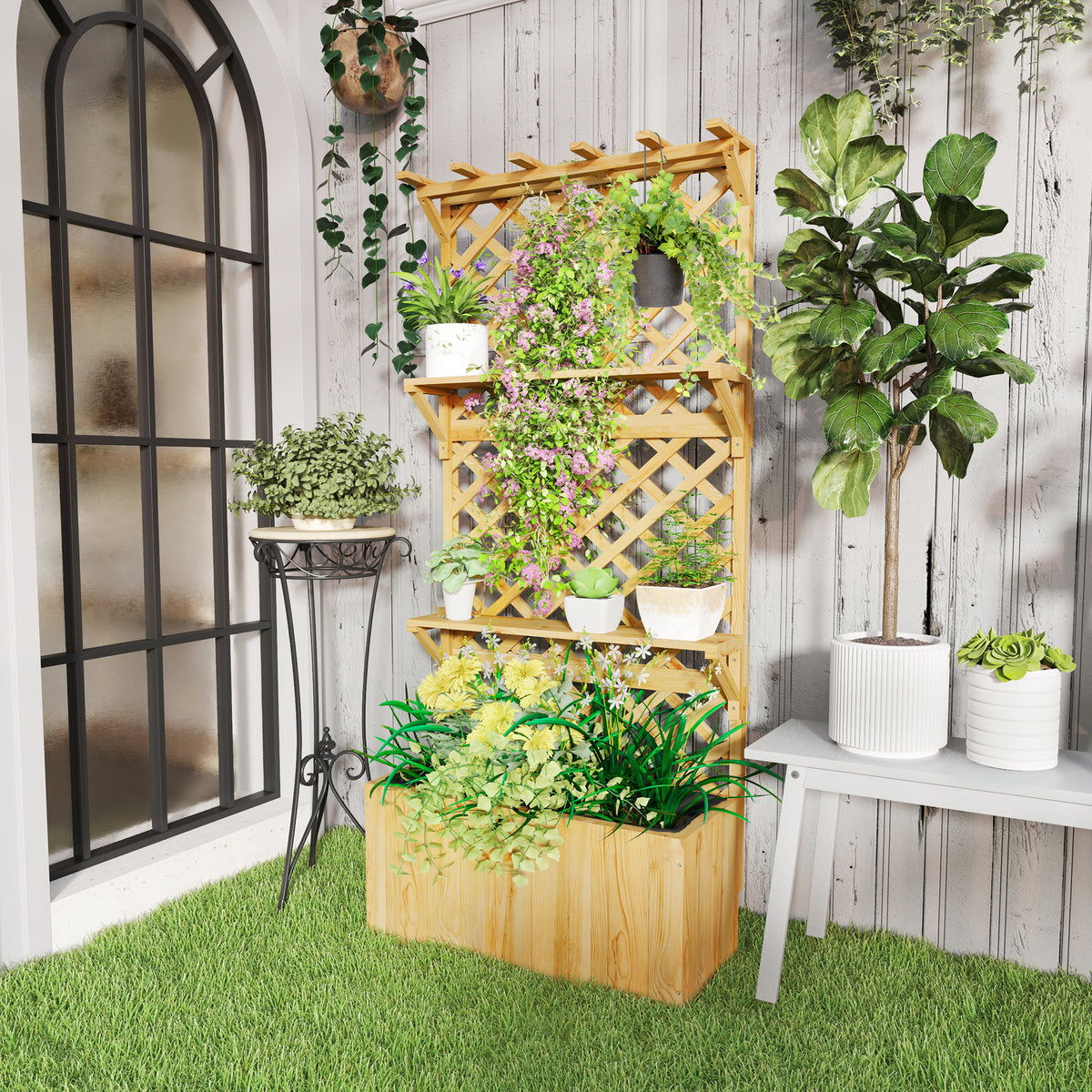 Jardinière avec treillis lit surélevé de jardin en bois avec toit suspendu, trous de drainage et doublure, naturel-1