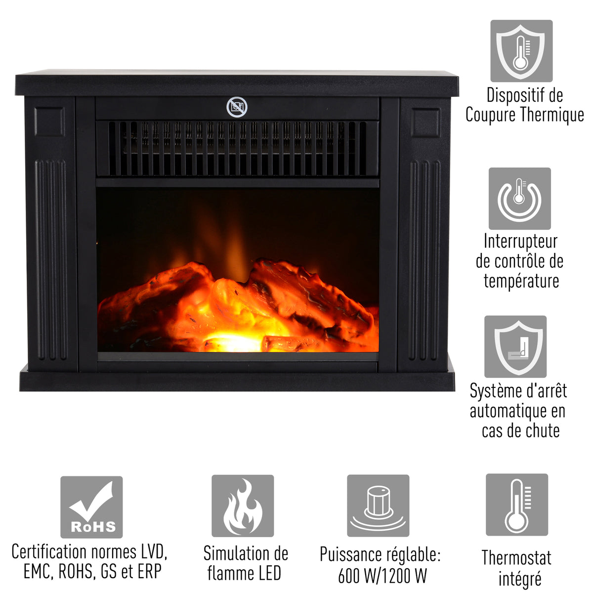 Cheminée électrique à Effet de Flamme poêle Style Contemporain Thermostat 600-1200 W Noir-4