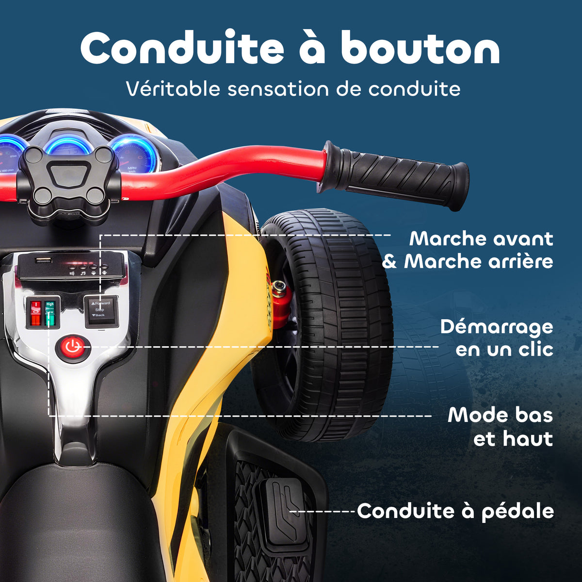 Quad électrique enfants voiture électrique enfants 12V 3 roues 2 moteurs lecteur MP3, klaxon, 2 vitesses 3-5 km/h jaune-4