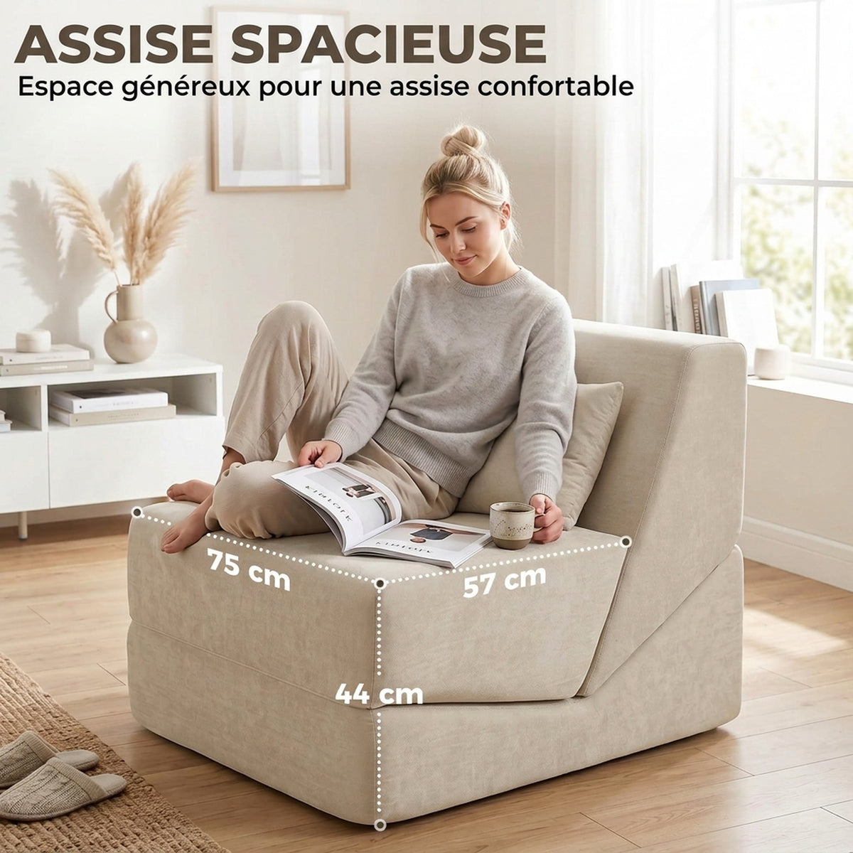 Canapé-Lit Pliant 3 en 1, Chauffeuse 1 Place Convertible en Chenille, Coussin et Dossier, Compressé Sans Montage, Beige-6