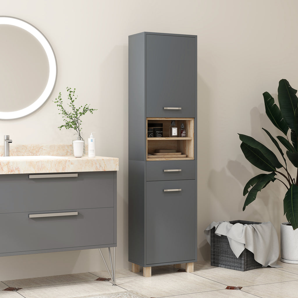 Colonne salle de bain, meuble salle de bain rangement avec 2 placards, tiroir et 2 compartiments ouverts, gris-6